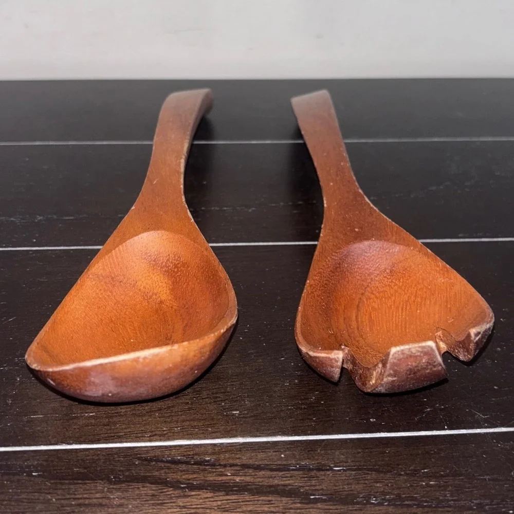 Vintage Mid Century Modern Solid‎ Wood Salad Servers Spoon and Fork Set 12 Inch